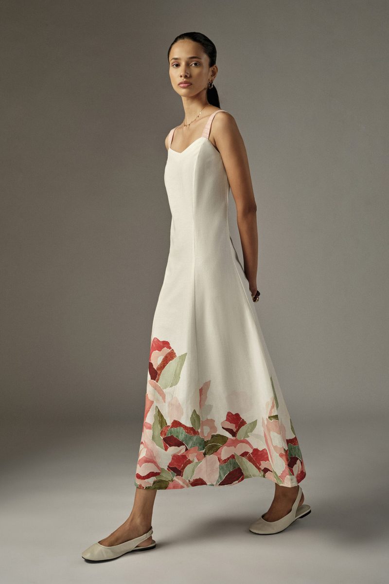 White Colored A-Line Floral Print Dress