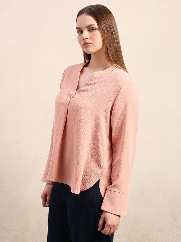 Curve Pink V-Neck Textured Top