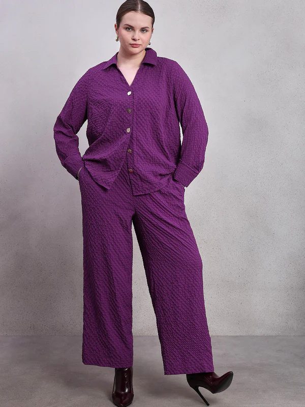 Curve Purple Textured Wide-Leg Pants