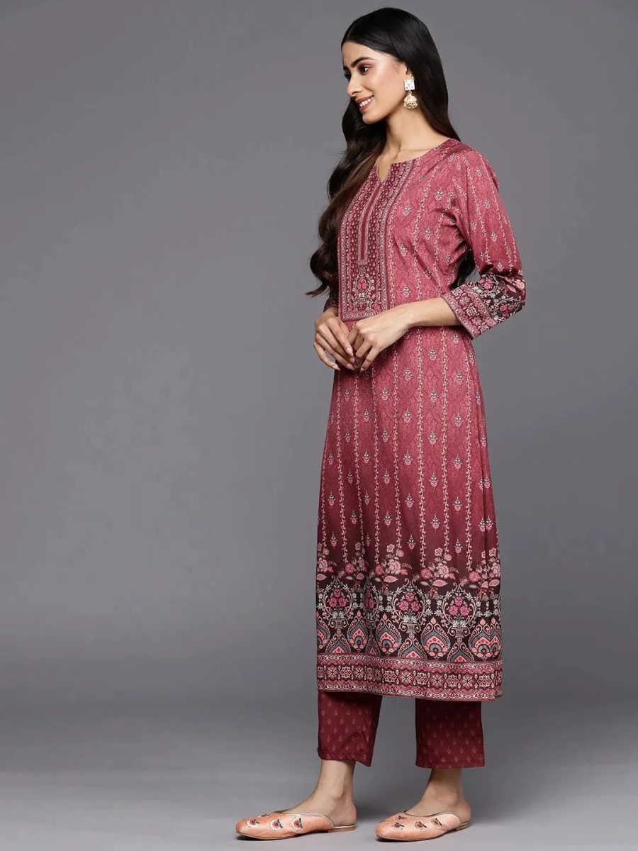 Maroon Printed Crepe Straight Kurta Set with Trousers and Dupatta