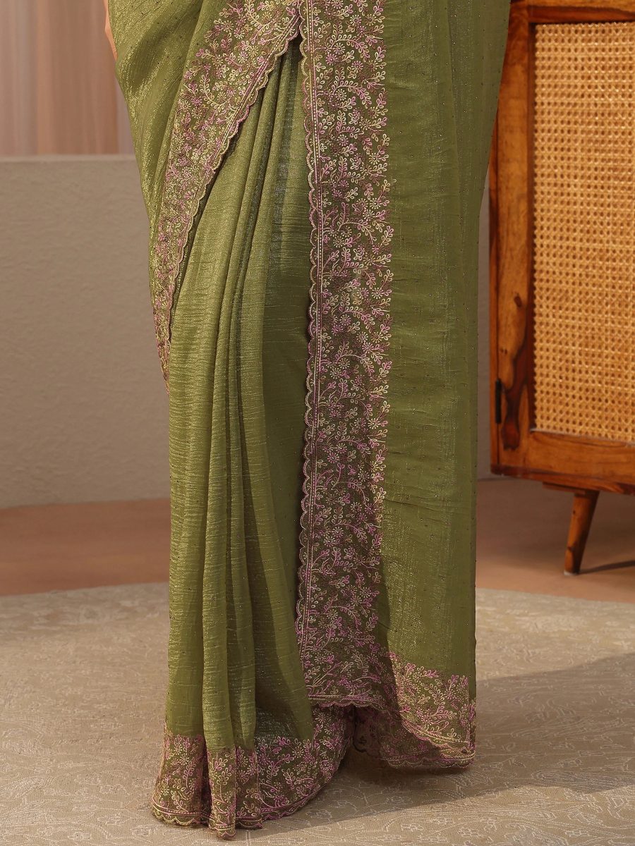 Moss Green Embellished Silk Tissue Saree