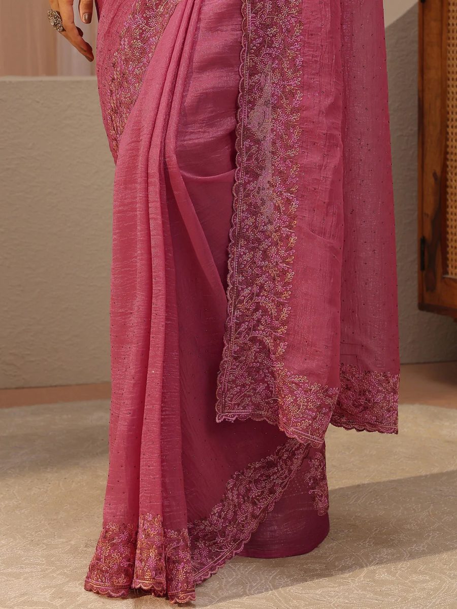 Moss Pink Embellished Silk Tissue Saree
