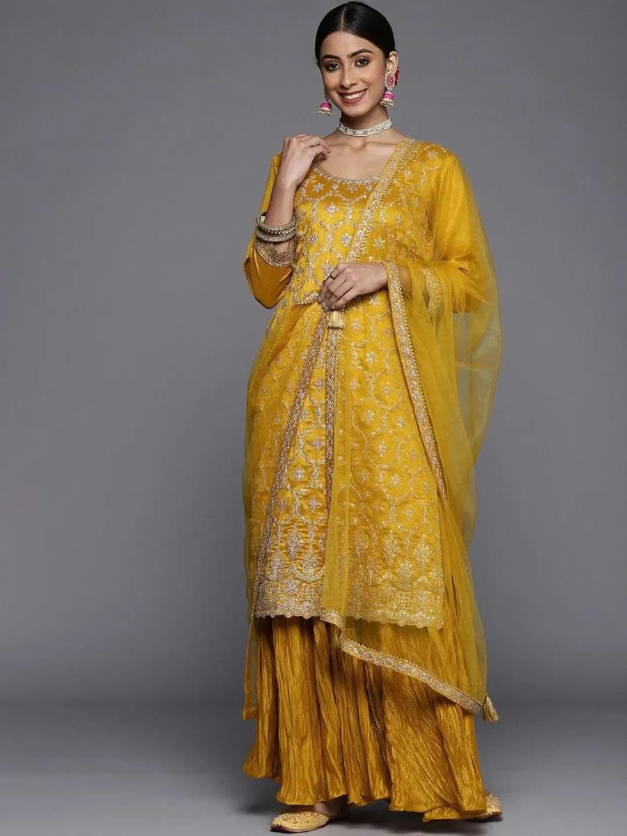 Mustard Embroidered Silk Blend Pakistani Suit with Dupatta