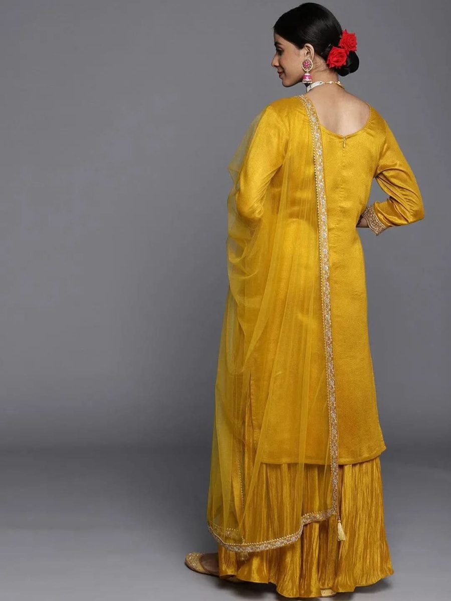 Mustard Embroidered Silk Blend Pakistani Suit with Dupatta