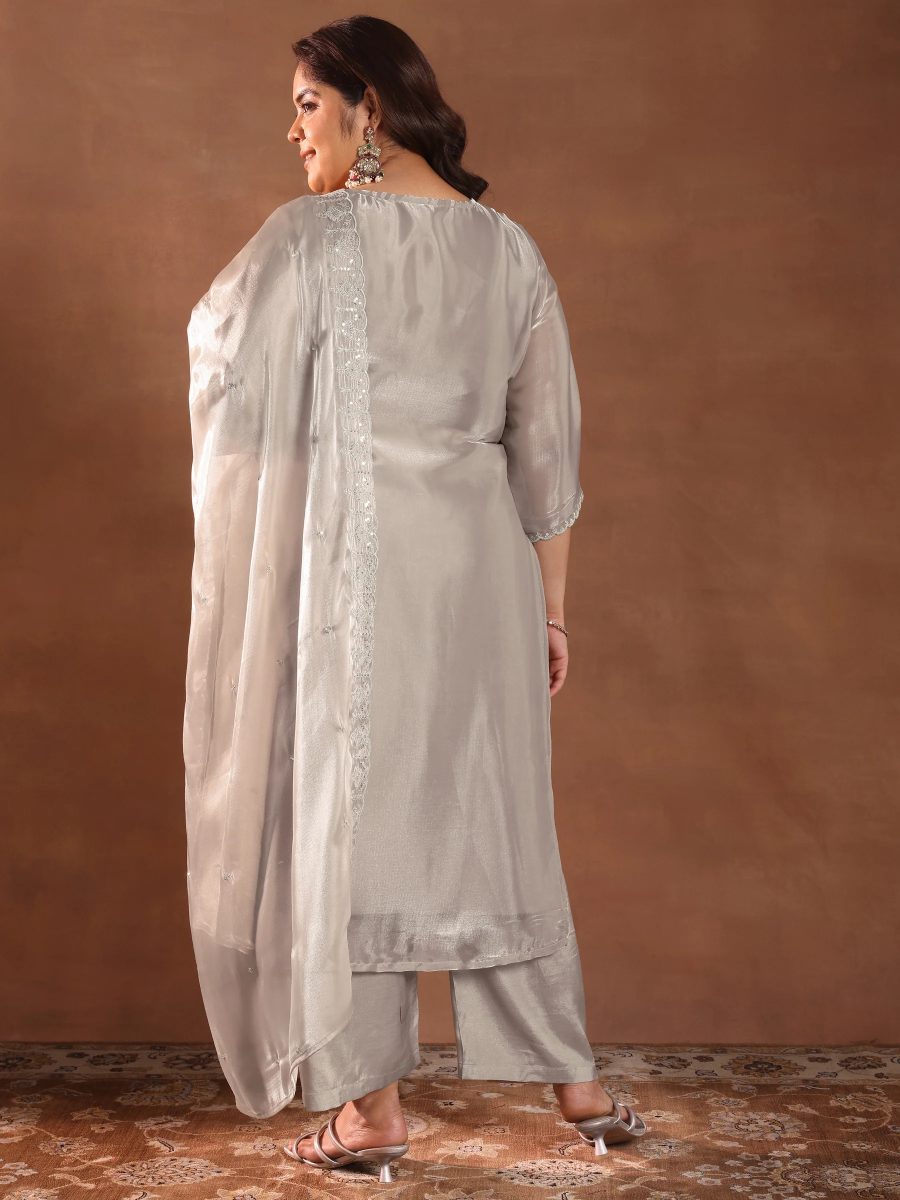 Plus Size Taupe Yoke Design Tissue Straight Suit with Dupatta