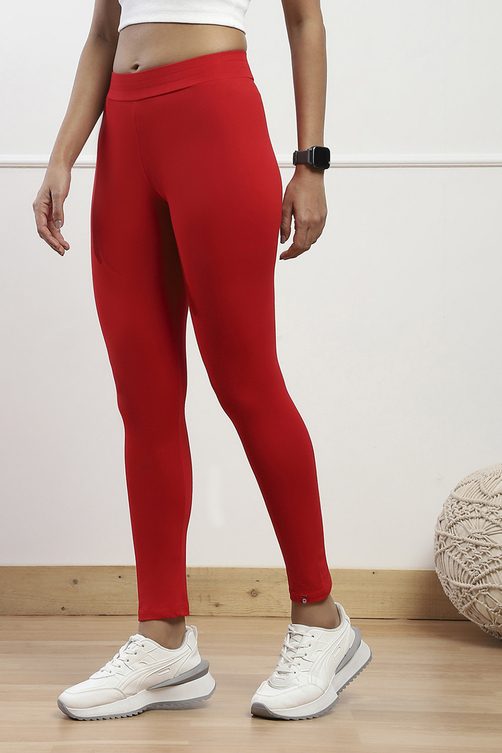 Women's Red Cotton Blend Solid Leggings