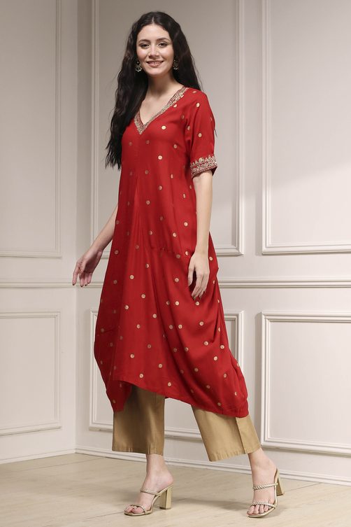 Red Polka Dot Asymmetric Kurta with Embroidered Sleeves