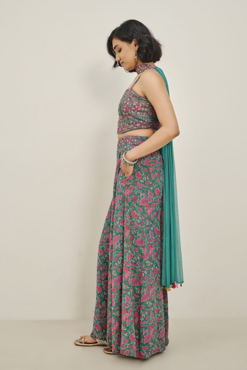 Teal Floral Print Palazzo Set with Embellished Crop Top