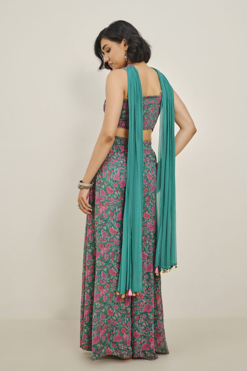 Teal Floral Print Palazzo Set with Embellished Crop Top