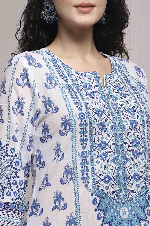 White & Blue Cotton Printed Straight Suit Set