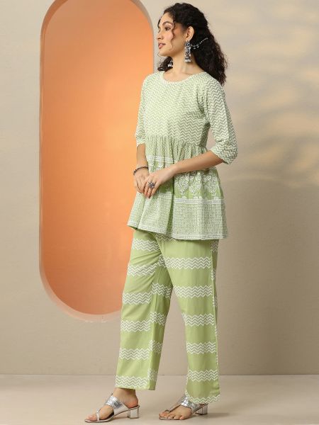Green Embroidered Cotton Co-Ord Set