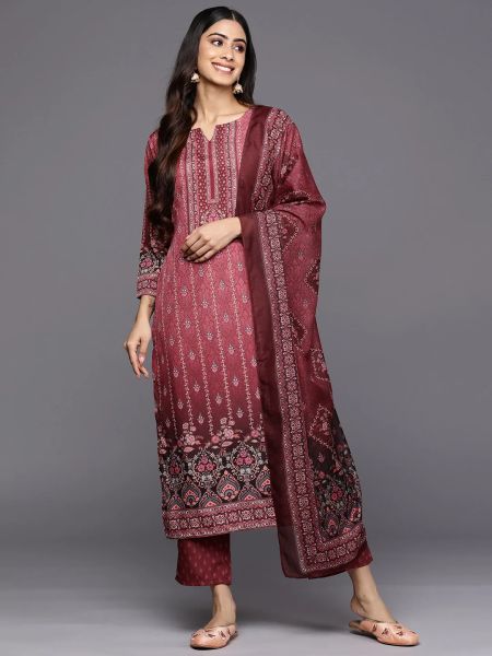 Maroon Printed Crepe Straight Kurta Set with Trousers and Dupatta