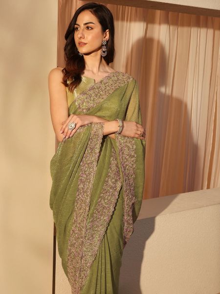 Moss Green Embellished Silk Tissue Saree