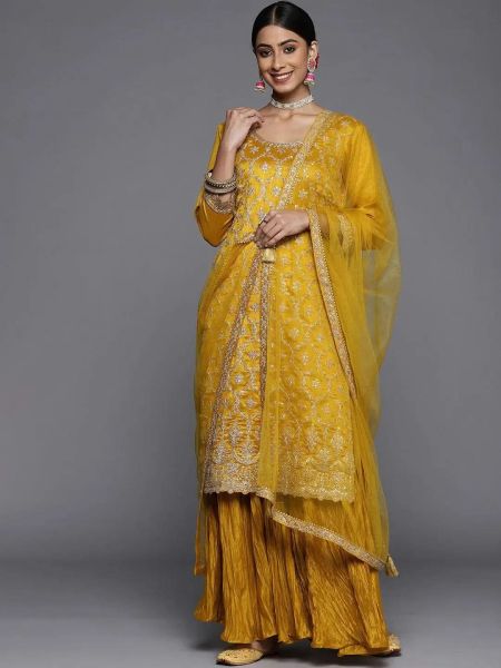 Mustard Embroidered Silk Blend Pakistani Suit with Dupatta
