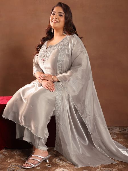 Plus Size Taupe Yoke Design Tissue Straight Suit with Dupatta