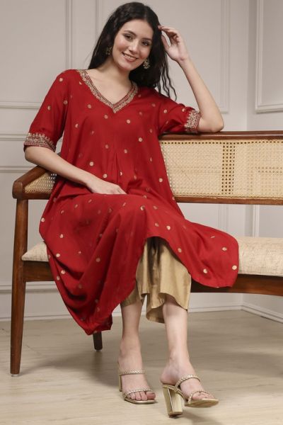 Red Polka Dot Asymmetric Kurta with Embroidered Sleeves