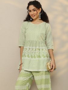 Green Embroidered Cotton Co-Ord Set
