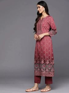 Maroon Printed Crepe Straight Kurta Set with Trousers and Dupatta