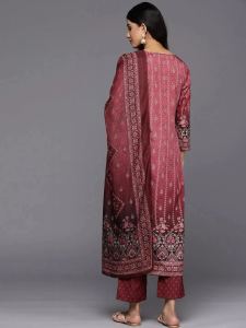 Maroon Printed Crepe Straight Kurta Set with Trousers and Dupatta
