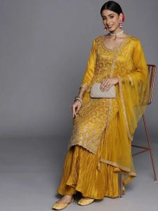 Mustard Embroidered Silk Blend Pakistani Suit with Dupatta