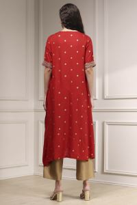 Red Polka Dot Asymmetric Kurta with Embroidered Sleeves