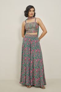 Teal Floral Print Palazzo Set with Embellished Crop Top