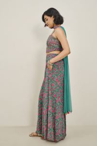 Teal Floral Print Palazzo Set with Embellished Crop Top