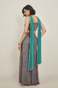 Teal Floral Print Palazzo Set with Embellished Crop Top