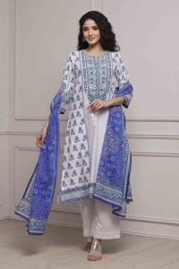 White & Blue Cotton Printed Straight Suit Set