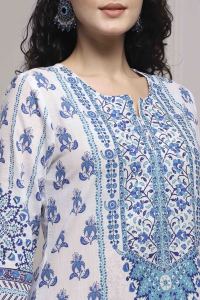 White & Blue Cotton Printed Straight Suit Set