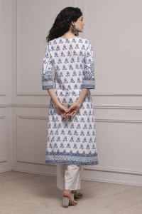 White & Blue Cotton Printed Straight Suit Set