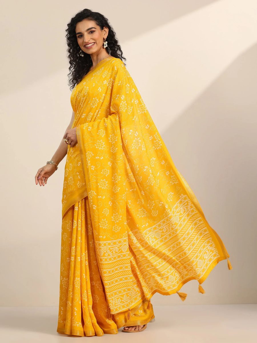 Yellow Floral Print Georgette Saree Blouse with Tassels