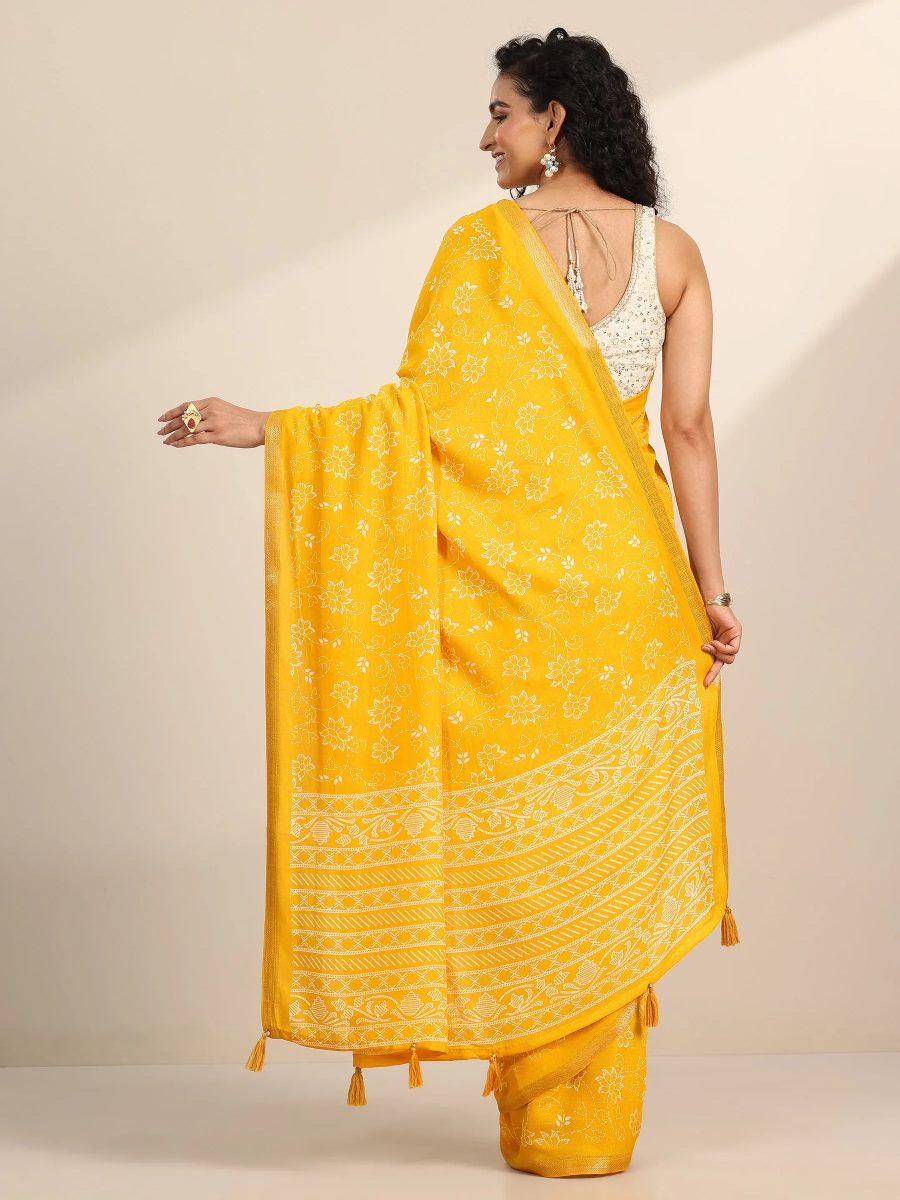 Yellow Floral Print Georgette Saree Blouse with Tassels