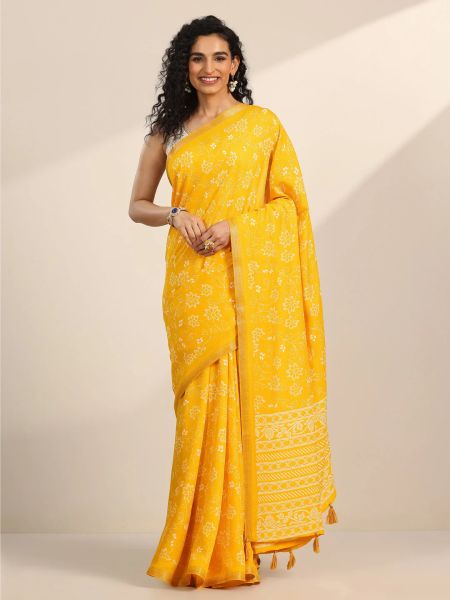 Yellow Floral Print Georgette Saree Blouse with Tassels