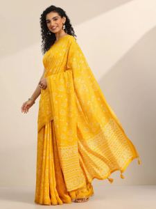 Yellow Floral Print Georgette Saree Blouse with Tassels