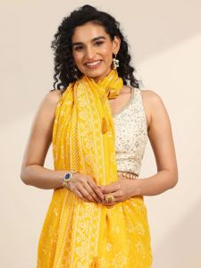 Yellow Floral Print Georgette Saree Blouse with Tassels