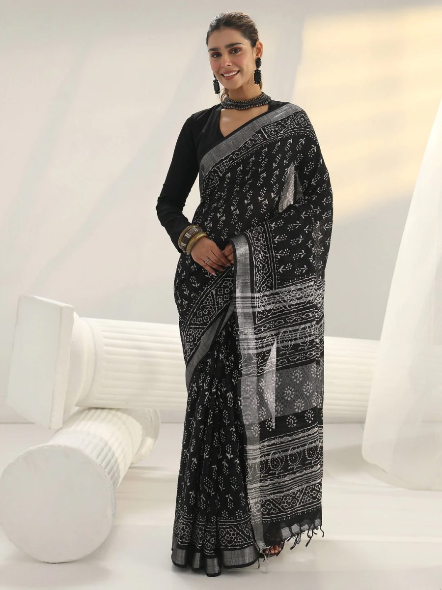 Black Floral Printed Cotton Saree