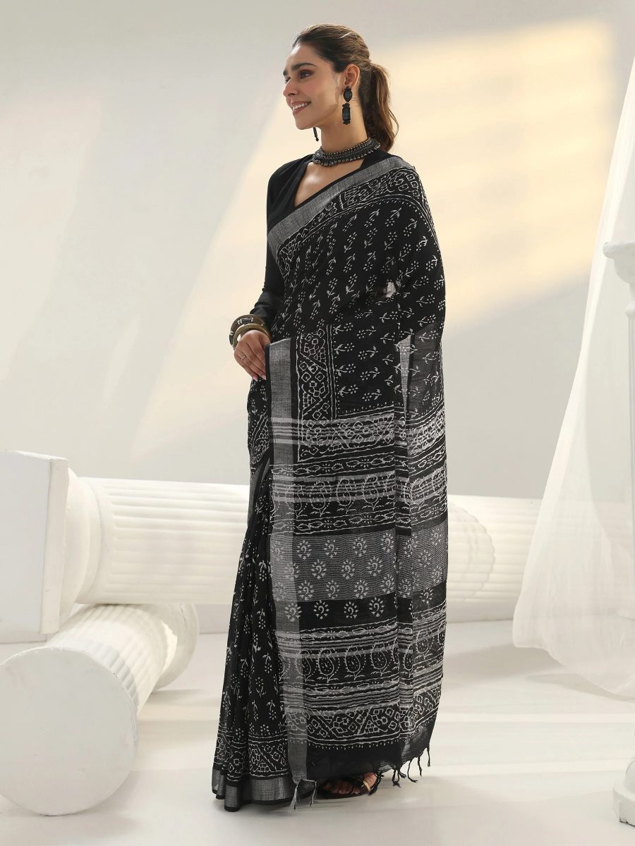 Black Floral Printed Cotton Saree