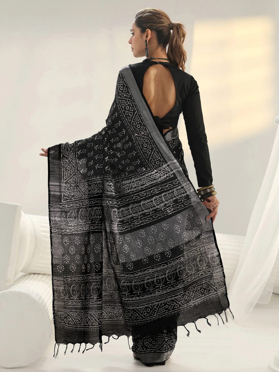 Black Floral Printed Cotton Saree