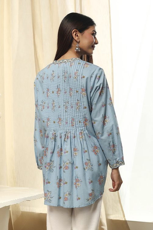 Dull Blue Floral Cotton Short Kurta