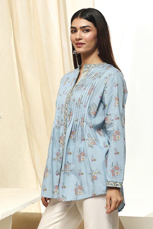 Dull Blue Floral Cotton Short Kurta
