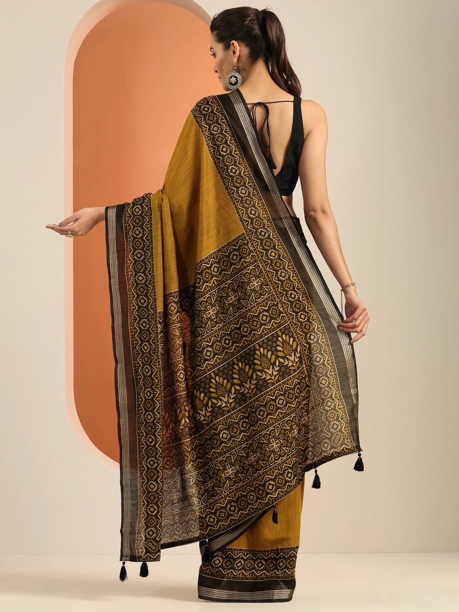 Mustard Printed Silk Blend Saree with Black Border