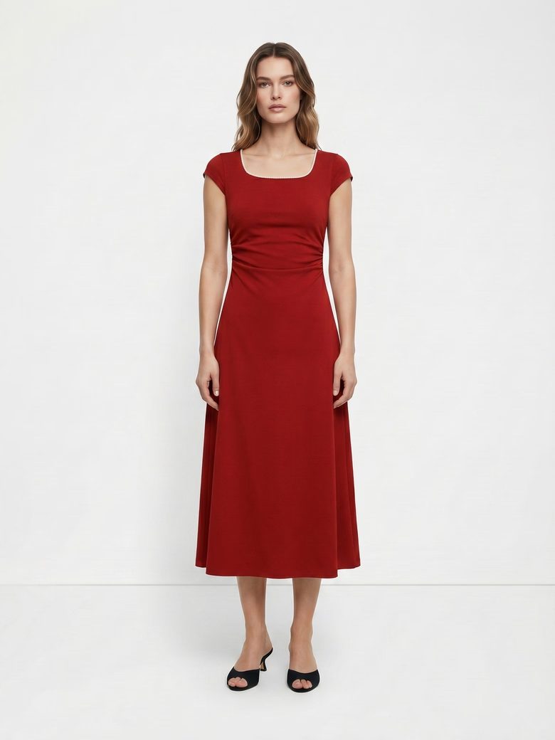 Red Rose Pearl Embellished Midi Dress