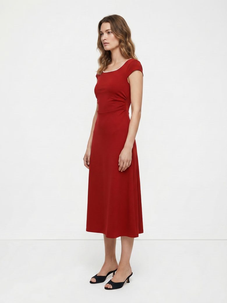 Red Rose Pearl Embellished Midi Dress