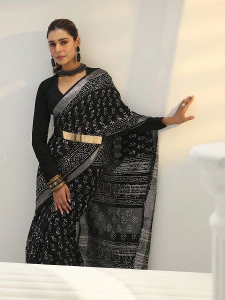 Black Floral Printed Cotton Saree