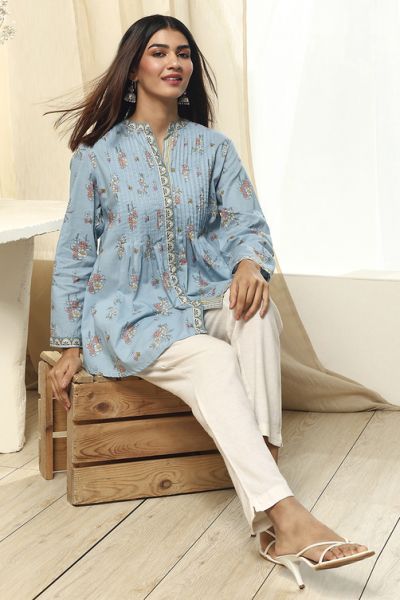 Dull Blue Floral Cotton Short Kurta