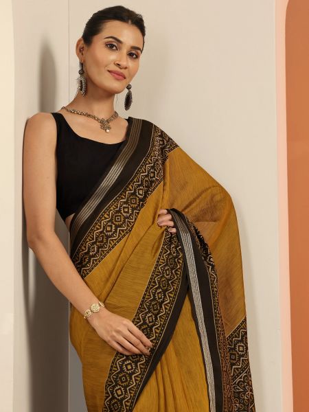 Mustard Printed Silk Blend Saree with Black Border