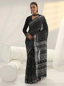 Black Floral Printed Cotton Saree