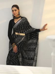 Black Floral Printed Cotton Saree