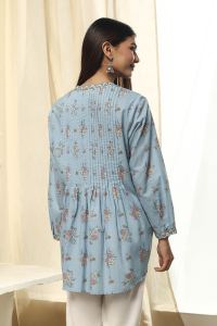 Dull Blue Floral Cotton Short Kurta